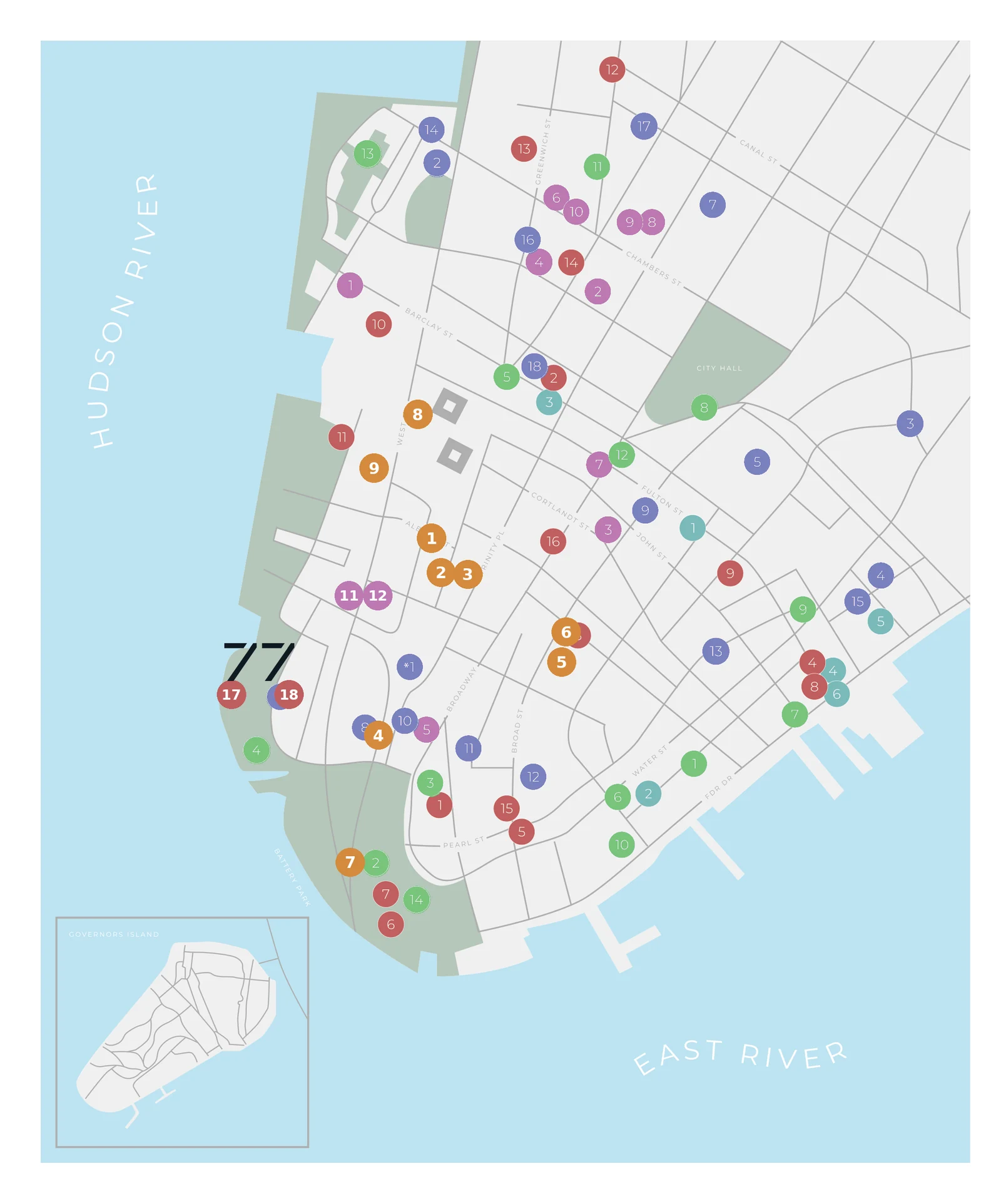 Neighborhood map of Lower Manhattan centered on 77 Greenwich, with numbered points of interest