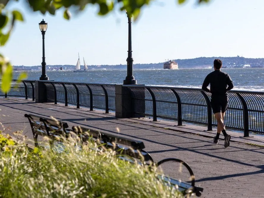 The waterfront esplanade in Lower Manhattan, steps from 77 Greenwich