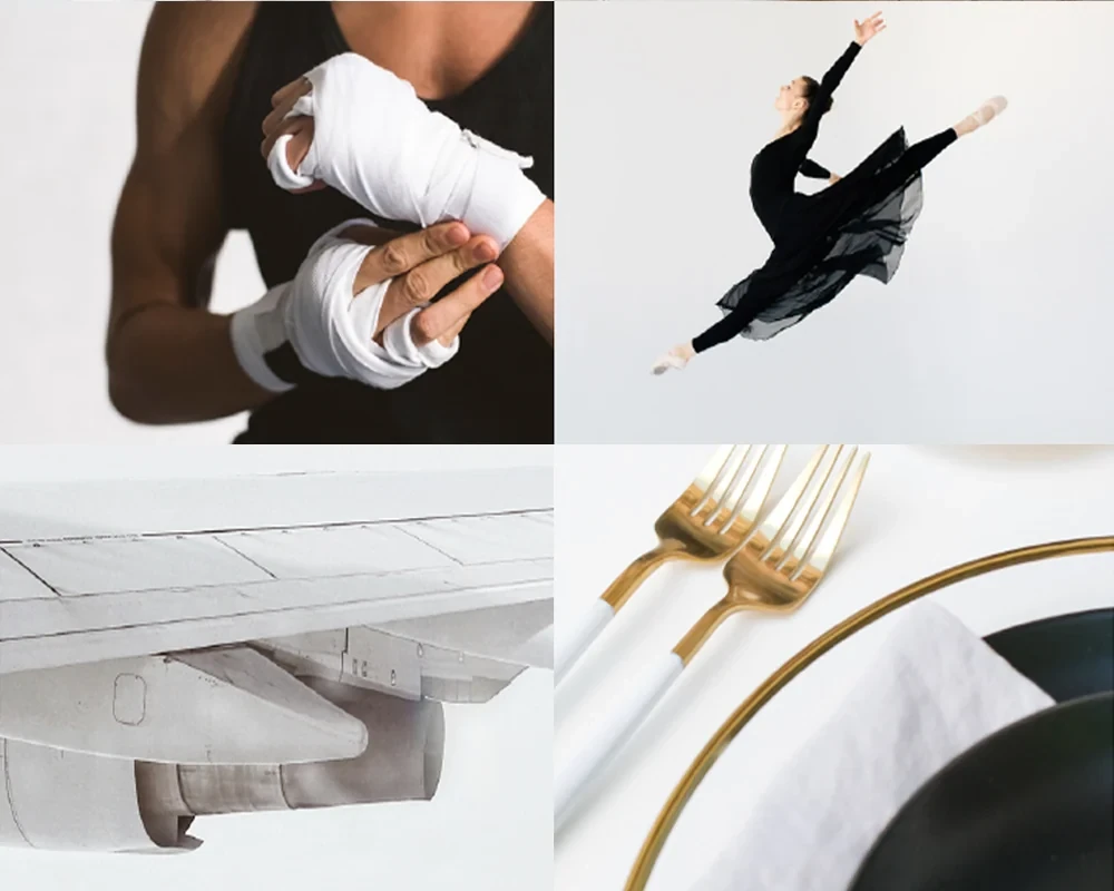 A montage of LIVunLTD lifestyle services — fitness, the arts, travel, and fine dining