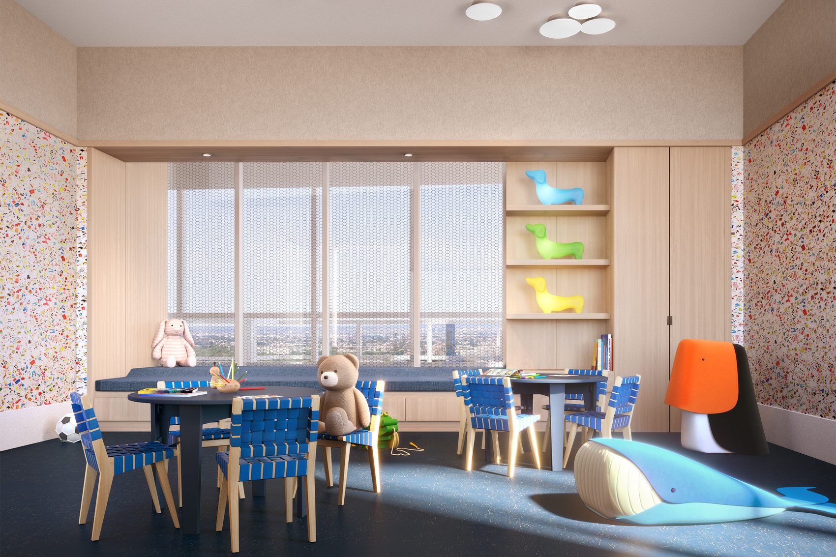 The children's playroom with custom millwork, soft seating, a whimsical whale slide, and floor-to-ceiling windows onto the skyline