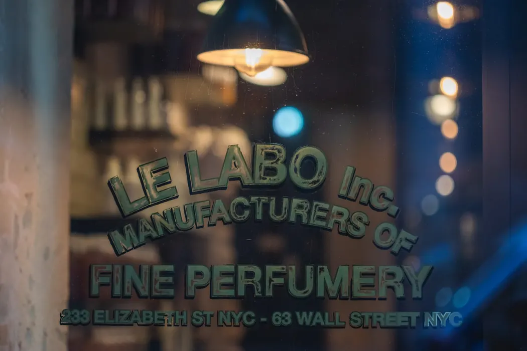 The etched-glass window of Le Labo perfumery on Wall Street